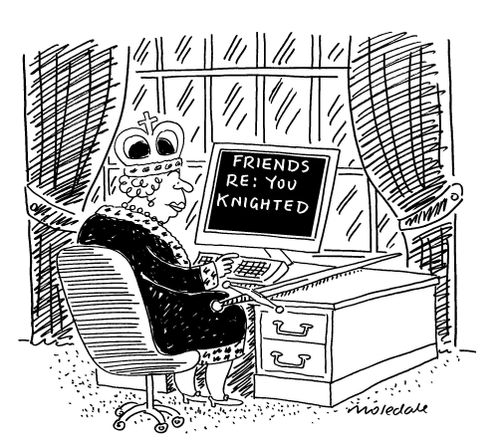 Queen at computer screen searching friends re: you knighted site.'