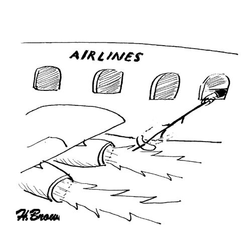 Man toasts his sausage in the fires of a plane engine.