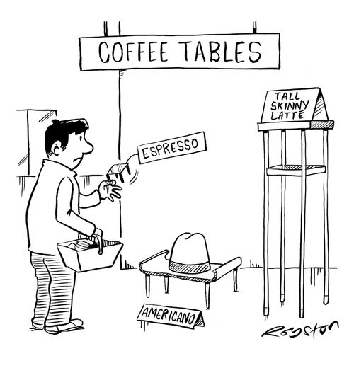 Coffee tables styled as espresso, Americano and tall skinny latte.