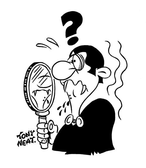 Dracula sees his reflection in the mirror.
