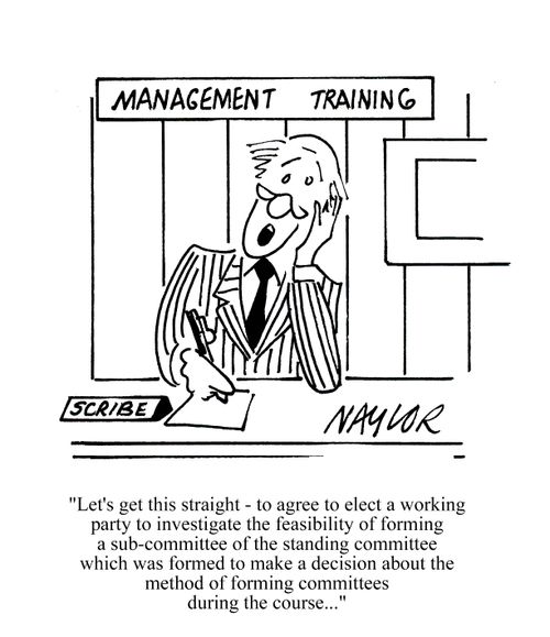 'Let's get this straight - to agree to elect a working party to investigate the feasibility of forming a sub-committee which was formed to make a decision about the method of forming committees during the course...'