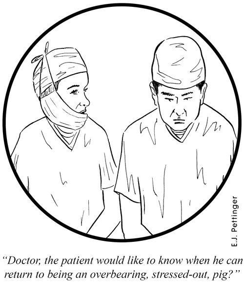 'Doctor, the patient would like to know when he can return to being an overbearing, stressed-out pig?'