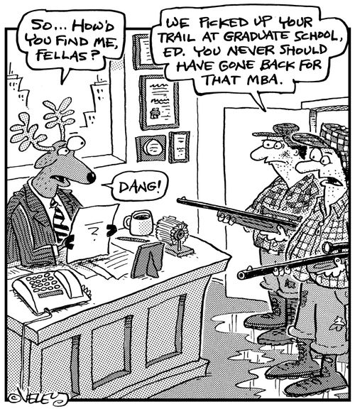 Hunters catch up to deer hiding as corporate executive. ('How'd you find me, fellas?')