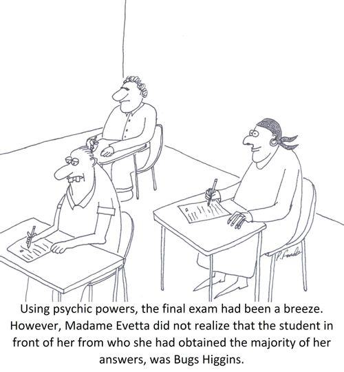 Using psychic powers, the final exam had been a breeze. However, Madame Evetta did not realize that the student in front of her from who she had obtained the majority of her answers, was Bugs Higgins.