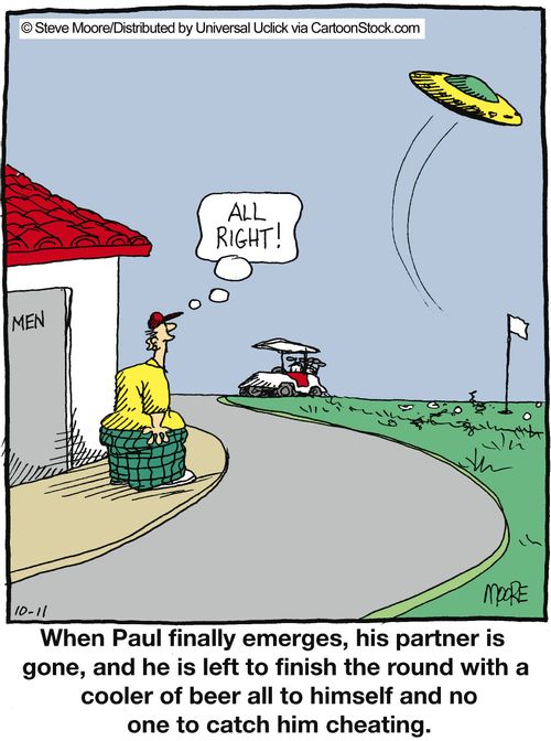When Paul finally emerges, his partner is gone, and he is left to finish the round with a cooler of beer all to himself and no one to catch him cheating.