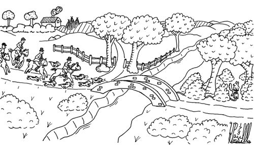 Fox about to blow up a bridge to thwart a fox-hunt.