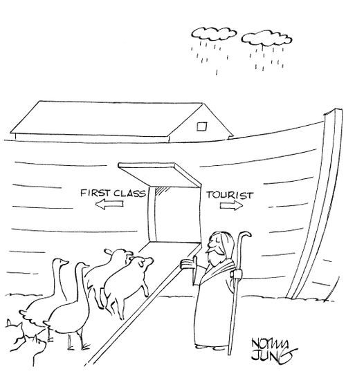 Noah directs animals aboard the ark featuring first class and tourist sections.