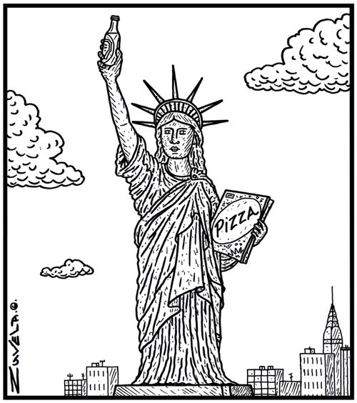 The Statue of Liberty holding a bottle of Beer and a Pizza.