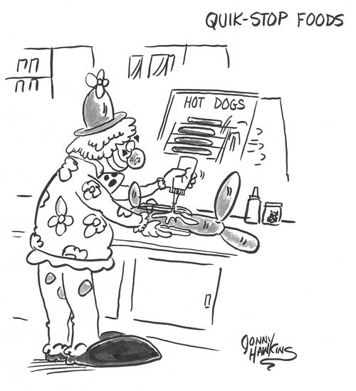 Clown applying mustard to balloon hotdog.