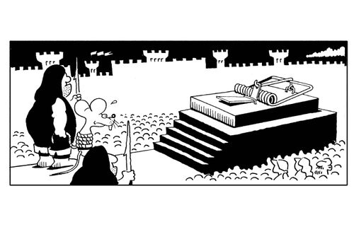 Executioner leads mouse prisoner towards a mousetrap in the middle of a town centre.