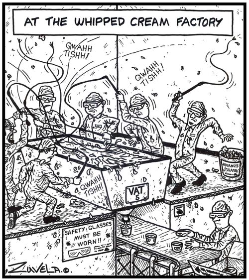 At the whipped cream factory Workers actually whipping cream in a vat