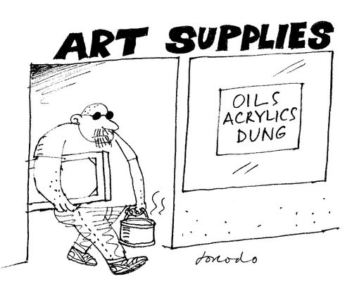 'Art supplies: oil, acrylics, dung.'