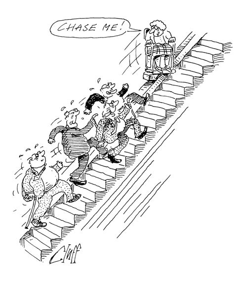 Pensioner being chased up stair lift by pensioners.