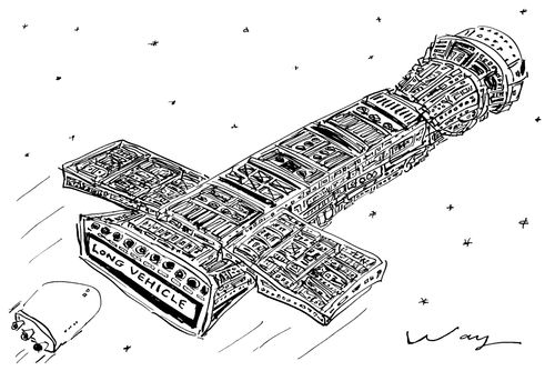 Large spaceship with a 'Long vehicle' sign