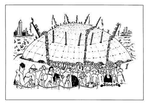 People queuing outside the Millennium Dome to use it as diving board into the Thames