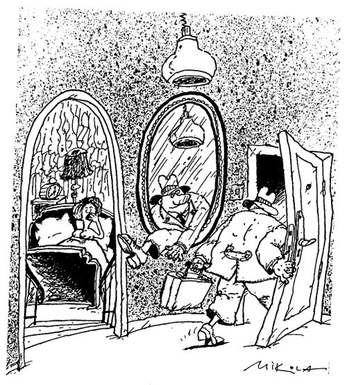 As a man leaves a naked woman's bedroom his reflection climbs out of the mirror