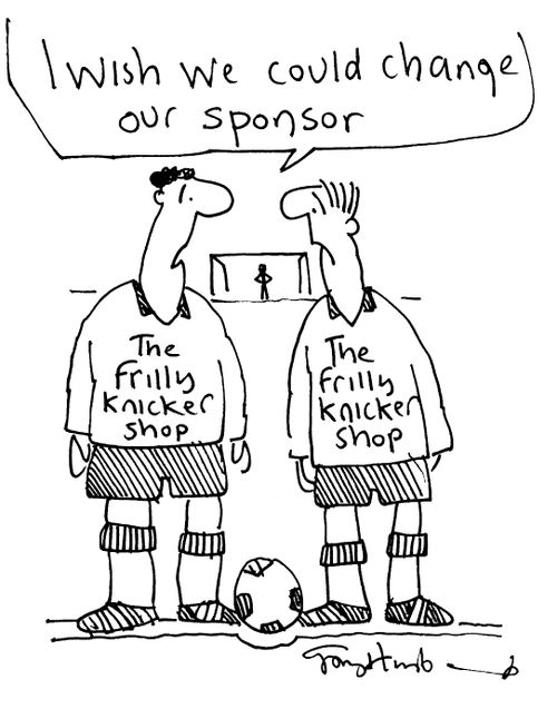 Football players with The Frilly Knicker Shop on their shirts, "I wish we could change our sponsor"