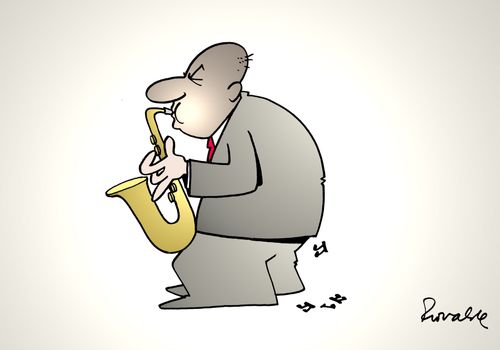 'Man playing music on saxophone.'