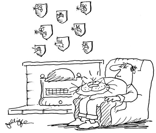 Smug cat looks at his catch of trophy heads.