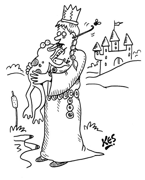 Frog prince kisses princess and shoots his tongue out of her ear to catch a fly.