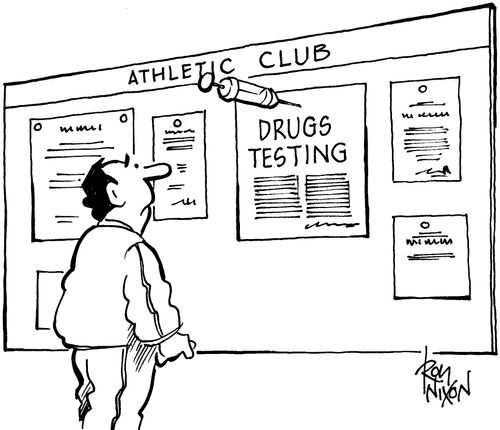 Hypodermic holding up drugs testing notice.