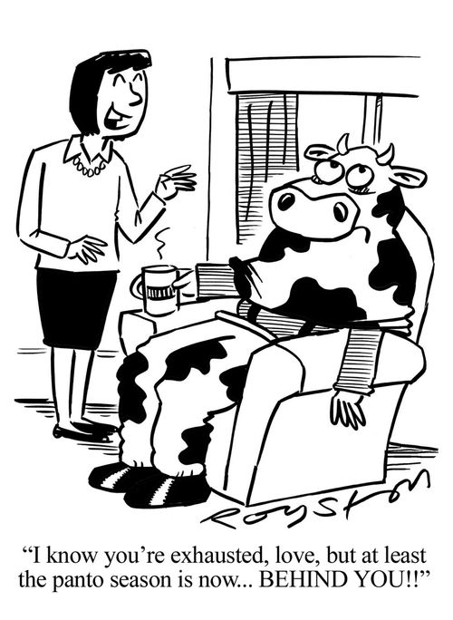 Wife to husband dressed as pantomime cow: 'I know you're exhausted, love, but at least the panto season is now ... BEHIND YOU!!'