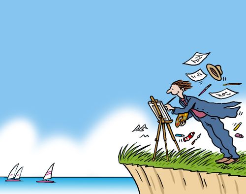 An artist painting on a clifftop leans into high winds.