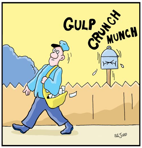 Postman walking away from mailbox after putting mail in. Sounds of it eating can be heard.