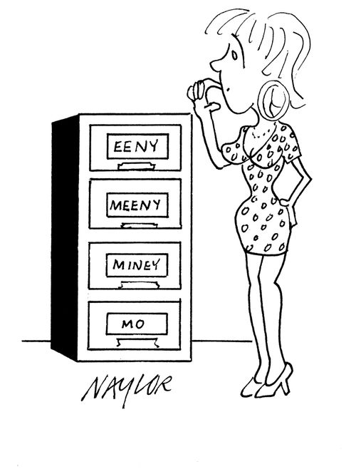 Woman looking at filing cabinet marked 'eeny', 'meeny', 'miney' and 'mo'.