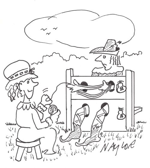 Woman uses a man in the stocks to hold her wool.