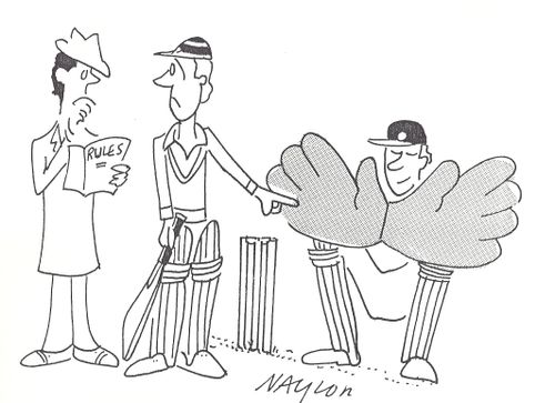 Wicket keeper with giant gloves.