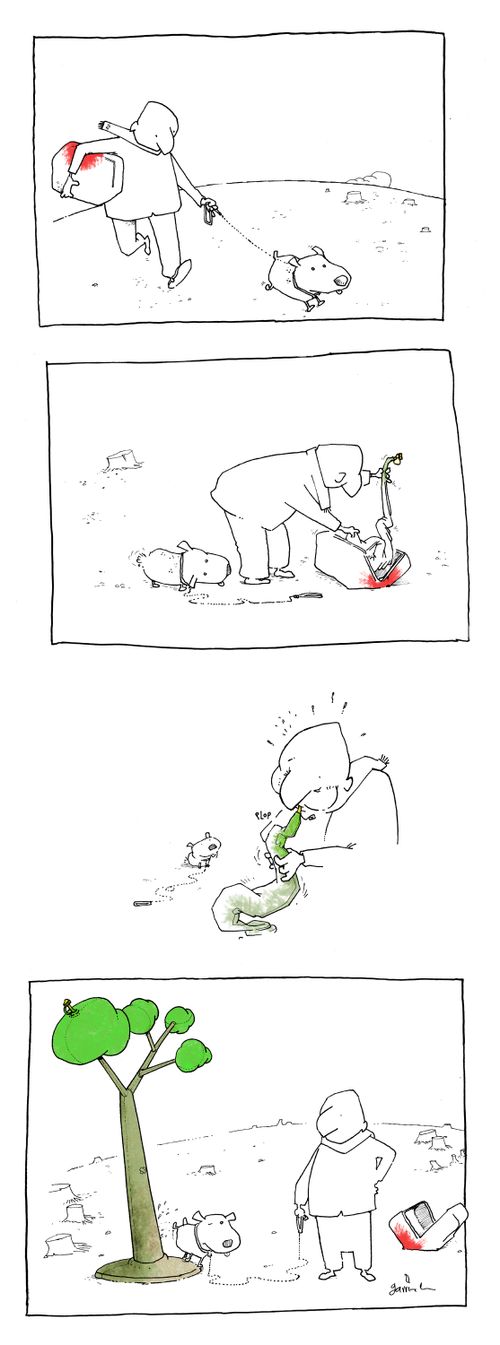 Man blowing up plastic tree so dog can relieve himself.