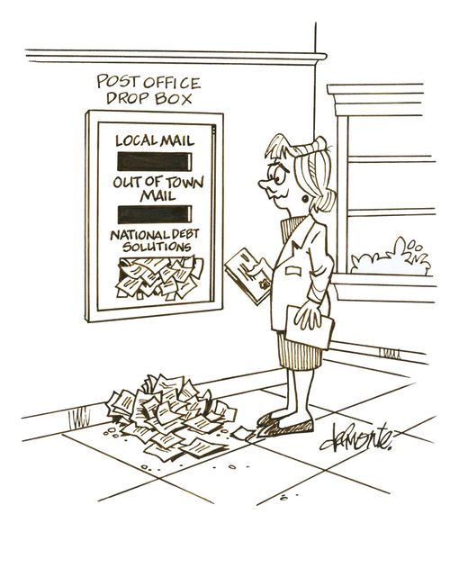 Woman at Post Office Drop box see a sign: National Debt Solutions.