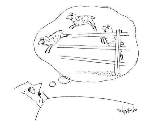 Man imagining sheep that look like himself.