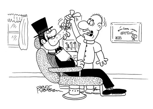 Surprised dentist pulling a rabbit out of magician's mouth.