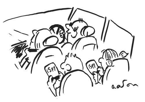 Kids in car play iSpy on tablets.