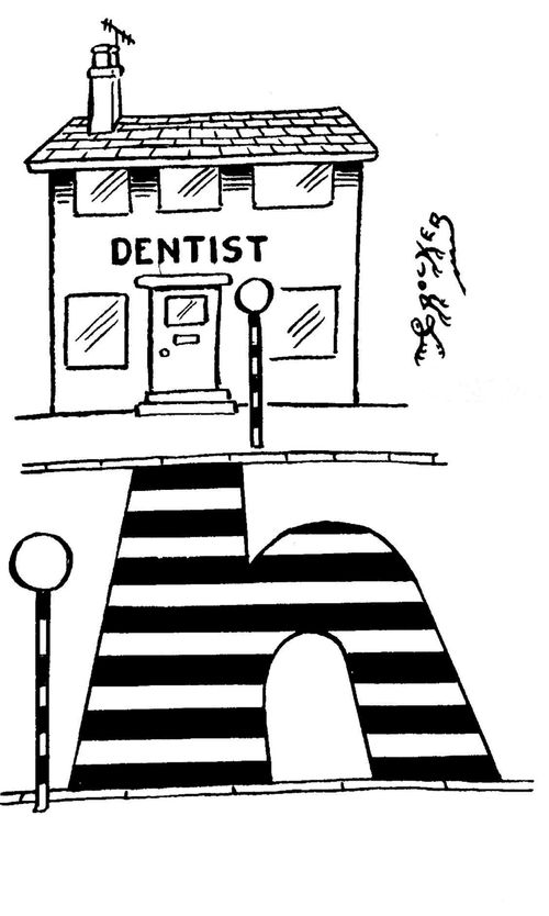 Zebra crossing outside a dentist clinic has an escape lane turn of for those who change their minds.