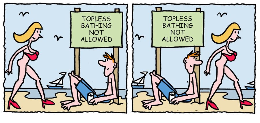 'Topless bathing not allowed.'