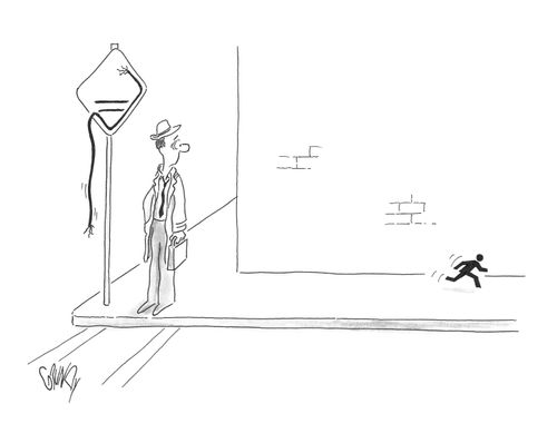 Man sees running figure escaping from crosswalk sign.