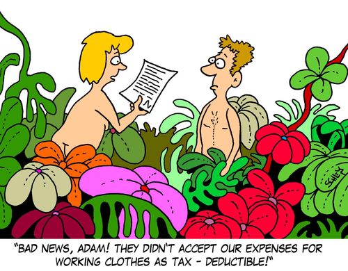 'Bad news, Adam! They didn't accept our expenses for working clothes as tax-deductible!'