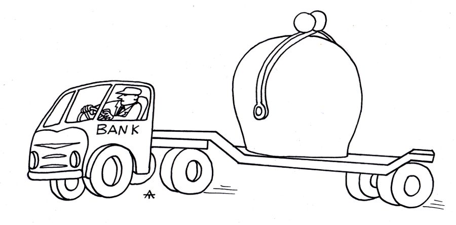 Bank transporting a giant purse.
