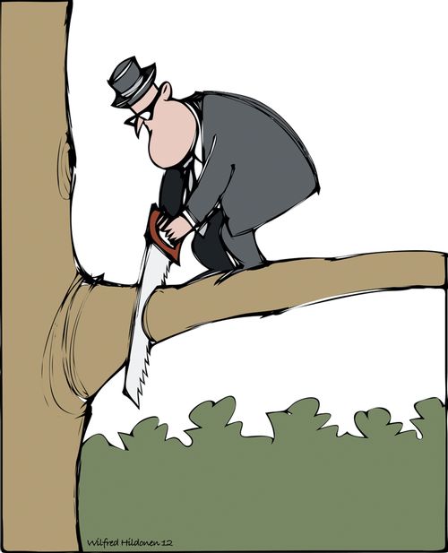Man sawing the branch that he stands on.
