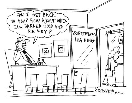 Assertiveness training - man answers phone; 'Can I get back to you? How about when I'm darned good and ready?'