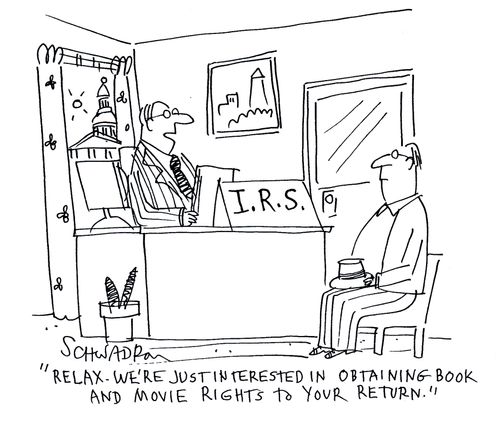 'Relax. We're just interested in obtaining book and movie rights to your return.'