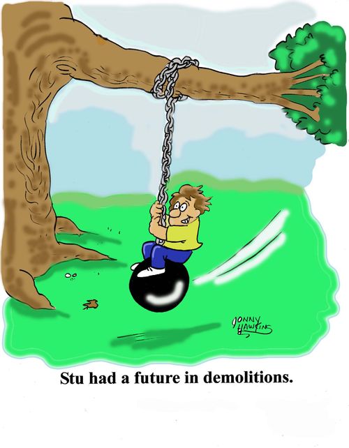 Boy swinging on wrecking ball swing: 'Stu had a future in demolitions.'