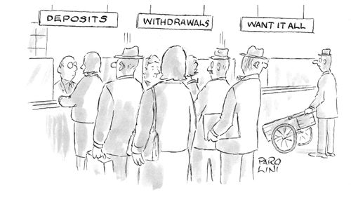 'Want it all' queue in a bank.