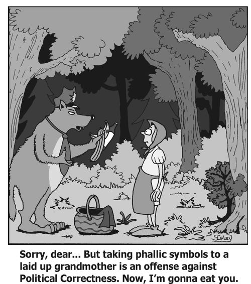 'Sorry, dear... But taking phallic symbols to a laid up grandmother is an offense against Political Correctness. Now, I'm gonna eat you.'