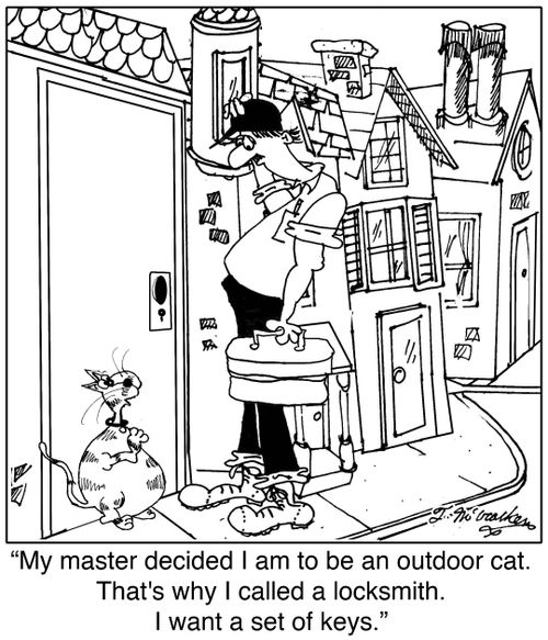 'My master decided I am to be an outdoor cat. That's why I called a locksmith. I want a set of keys.'
