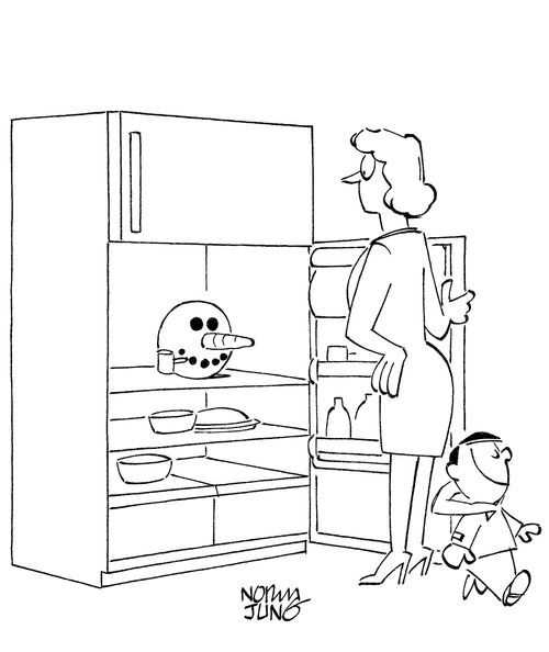 Mother finds head of snowman son has placed in refrigerator.