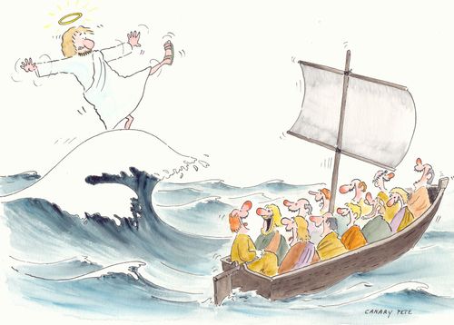 Jesus falling over a wave.